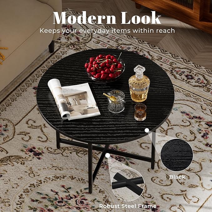 Round Coffee Table, Small Coffee Tables for Living Room, Wood Coffee Table with Metal Frame, Floor Table Desk for Sitting on The Floor, Home, Office, Farmhouse, Black (23.6" D x 17.7" H)