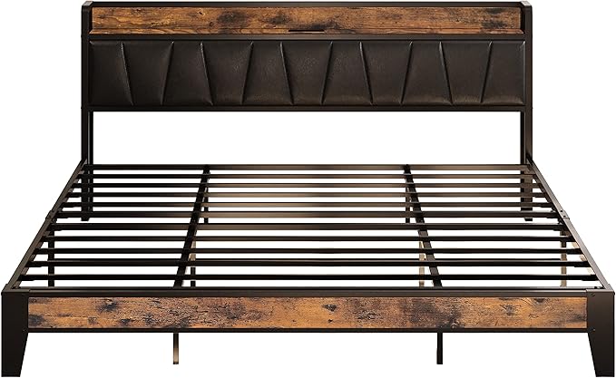LIKIMIO King Bed Frame, Storage Headboard with Charging Station, Solid and Stable, Noise Free, No Box Spring Needed, Easy Assembly (Vintage and Black)