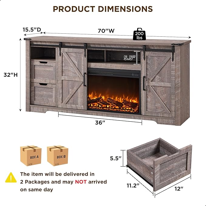 JXQTLINGMU Fireplace TV Stand for 80 Inch TV, Farmhouse Entertainment Center with 36" Fireplace, Modern Media Console with Sliding Barn Door & Storage Drawers for Living Room, Grey