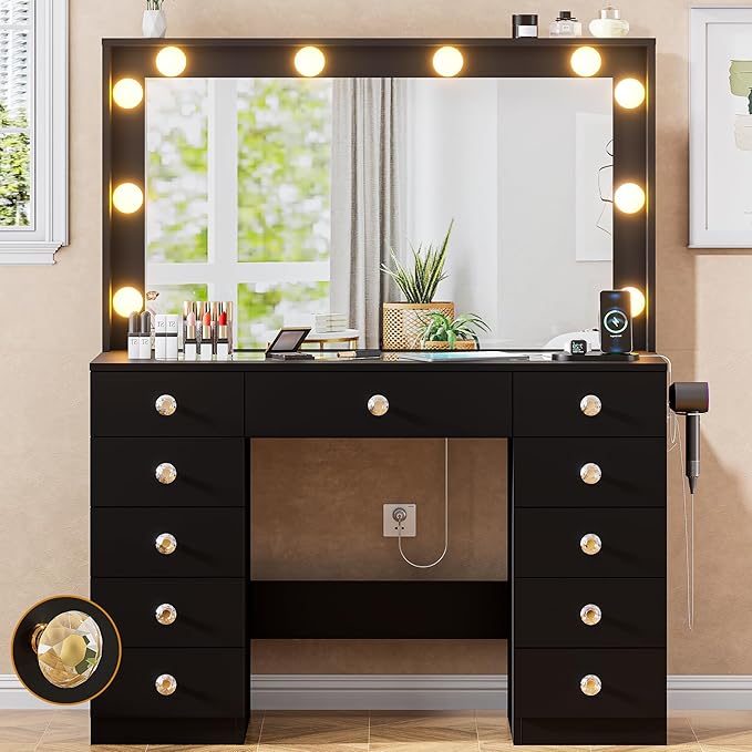 43.3" Vanity with Large Mirror and 10 LED Lights, Vanity Desk with Glasstop, 11 Drawers with Crystal Handles, Dressing Table with Power Outlet as Gift for Women, Girls (Black)