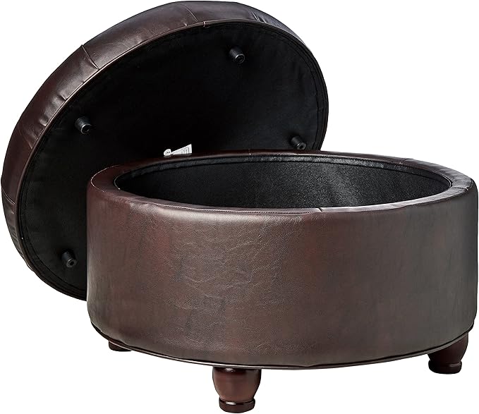 Homepop Home Decor | Button Tufted Faux Leather Round Storage Ottoman | Ottoman with Storage for Living Room & Bedroom (Distressed Brown)