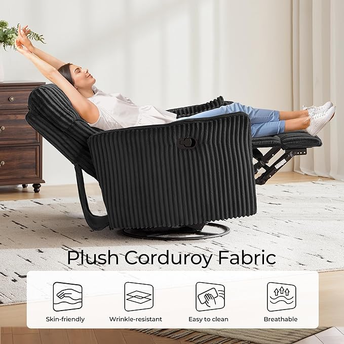LINSY 360 Swivel Recliner Chair - Corduroy Nursery Glider Rocking Chair with 2 Pillows, Comfy High Back Adult Recliner for Small Spaces, Nursery Bedroom Living Room Reclining (Black)