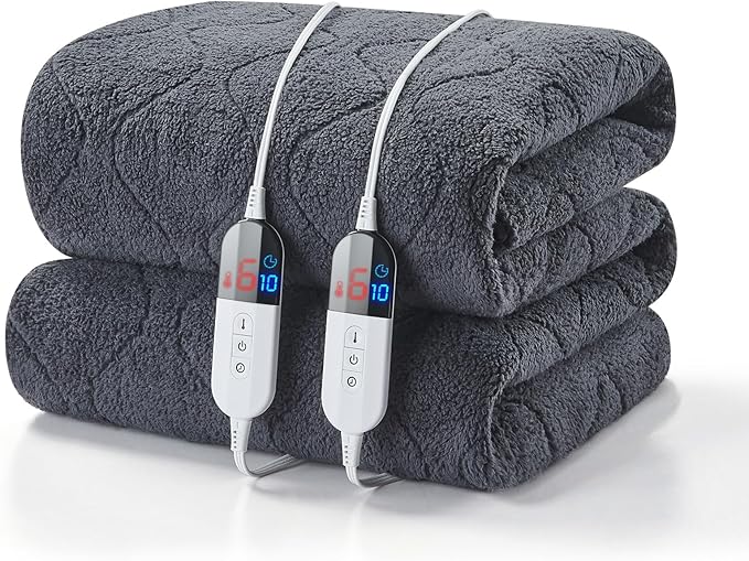 King Size Heated Mattress Pad Sherpa Electric Mattress Pads Electric Bed Warmer Fit up to 21" with 6 Heat Settings Dual Controller 10 Hours Auto Shut Off, Dark Gray