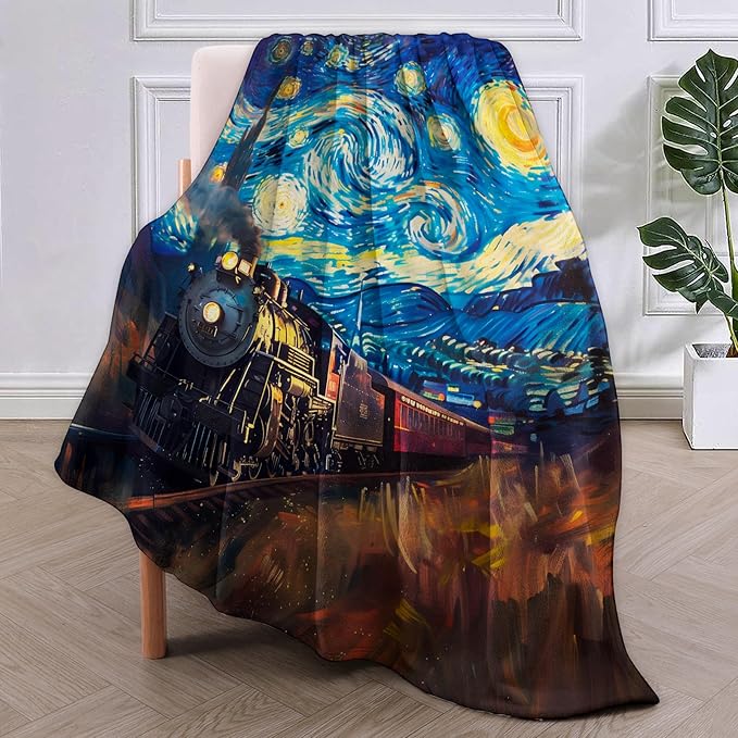 Starry Night Train Flannel Blanket, Train Gifts, Artistic Throw Blanket for Women, Soft Lightweight Throw Blankets for Bed Home Travel Decor 50" x 60"