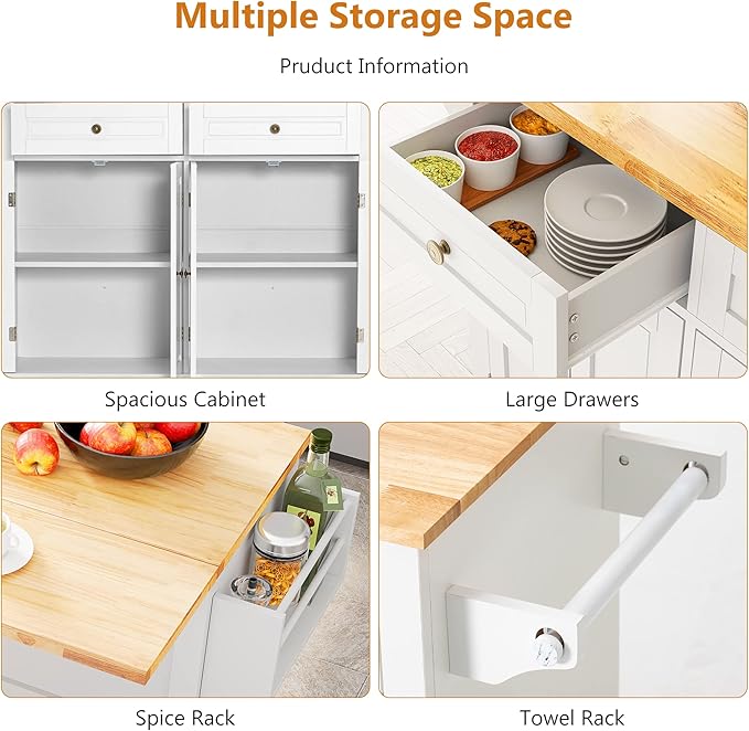 Kitchen Cart with Wood Top and Drop Leaf Breakfast Bar, Rolling Mobile Kitchen Island Table on Wheels with Drawer and Storage Cabinet, Spice Rack, Towel Rack, White