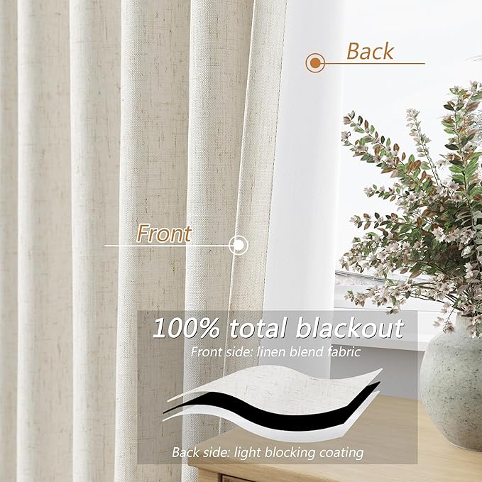 Cream Linen Blackout Curtains 132 Inch Length 2 Panels Set for Living Room Bedroom Back Tab Thermal Insulated 100% Black Out Linen Drapes Room Darkening Window Curtains 132 Inches Long Ivory Natural