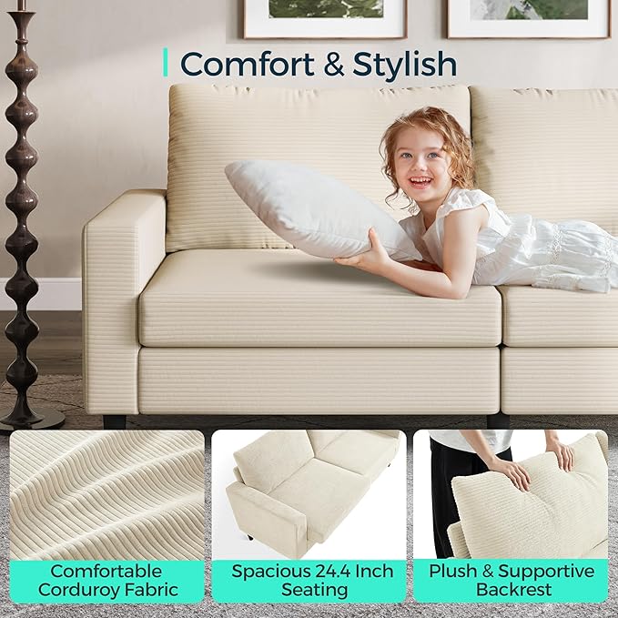 LINSY 79'' Beige Loveseat Sofa - Comfy Couch Corduroy Love Seat Couch with Adjustable Seat Depth Ergonomic Design Modern 2-Seater Soft Sofa for Living Room Bedroom Apartment Office, Beige