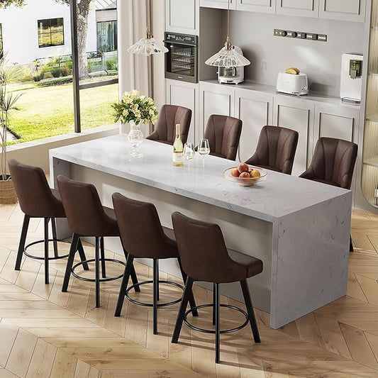 Swivel Bar Stools with Backs, 24" Counter Height Barstools Set of 8, Fabric Upholstered Counter Bar Stools with Solid Wood Legs for Kitchen Island, Home Bar, Brown