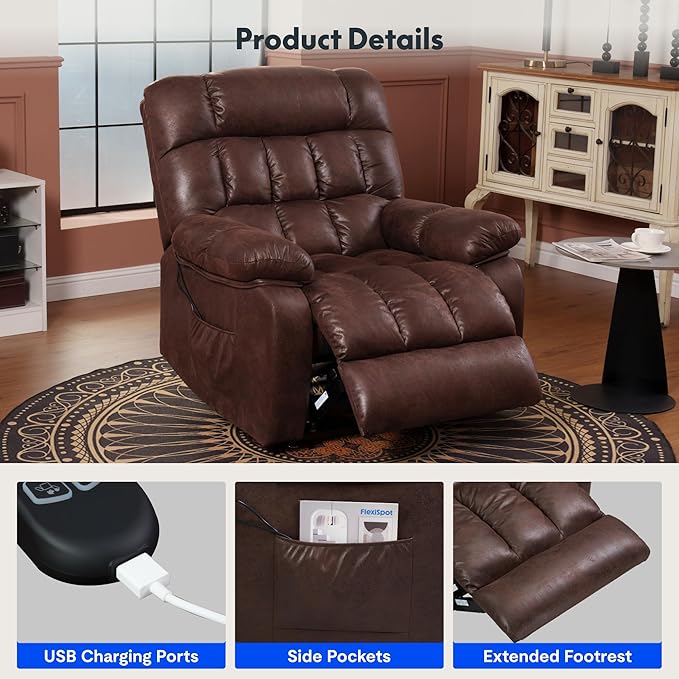 FLEXISPOT XL51 Dual OKIN Motor Power Lift Recliner Chair for Elderly, Lay Flat Sleeper Recliner with Massage & Heat, USB Ports, Faux Leather Reclining Sofa for Living Room Bedroom(Extra Large, Brown)
