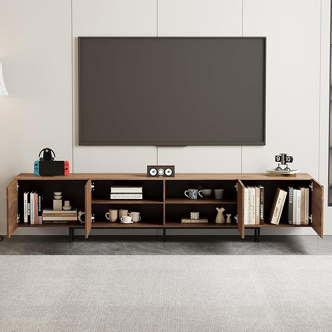 Modern Walnut TV Console for 70 Inch Screen – Long 94.48” Media Unit with Grille Doors and Storage Cabinets, Great for Living Rooms & Bedrooms