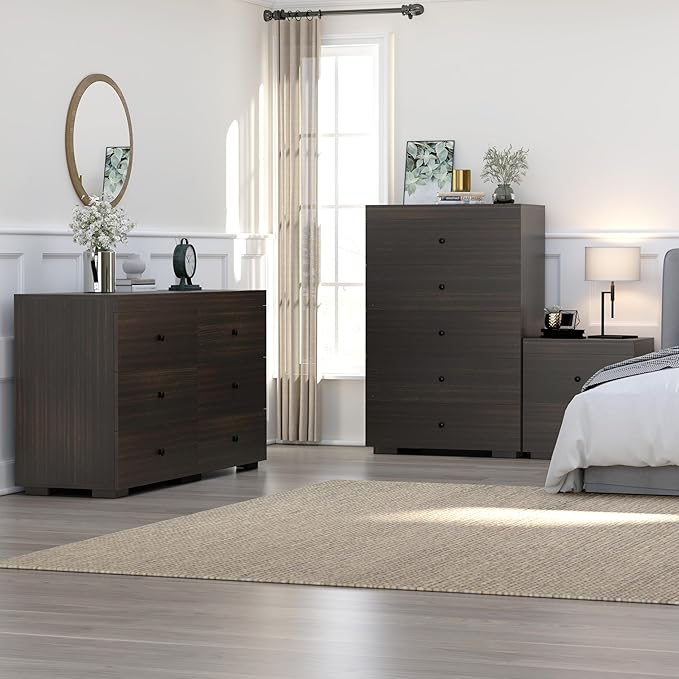 Dresser for Bedroom 6 Drawer Wood Dresser 58.3" Wide, Large Chest of Drawers for Bedroom, Living Room, Hallway, Entryway, Modern TV Stand Drawer Organizer,Dark Brown