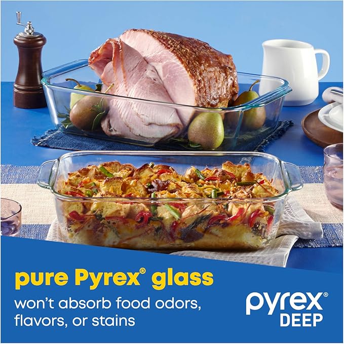 Pyrex Deep 3-Pack Glass Baking Dish Set (9"x13", 7"x11", 8"x8") With BPA-Free Lids, Rectangular Glass Bakeware, Dishwasher, Microwave, Freezer & Pre-Heated Oven Safe