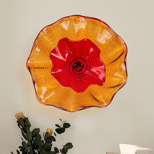 Hand Blown Glass Plate Wall Decor, Modern Unique Glass Wall Art, Lotus Leaf Wall Plate Shape Wall Sconce with Transparent and Easy to Clean for Staircase, Living Room, Kitchen, Hallway (Orange-1)