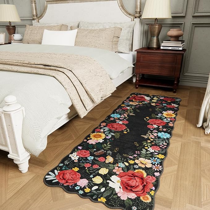 Kitchen Runner 2'x 6' Washable Floral Runner Rugs Kitchen Rug Boho Vintage Low Pile Carpet for Hallway, Entryway, Laundry Room, Bathroom High Traffic Areas Indoor Decor (Black