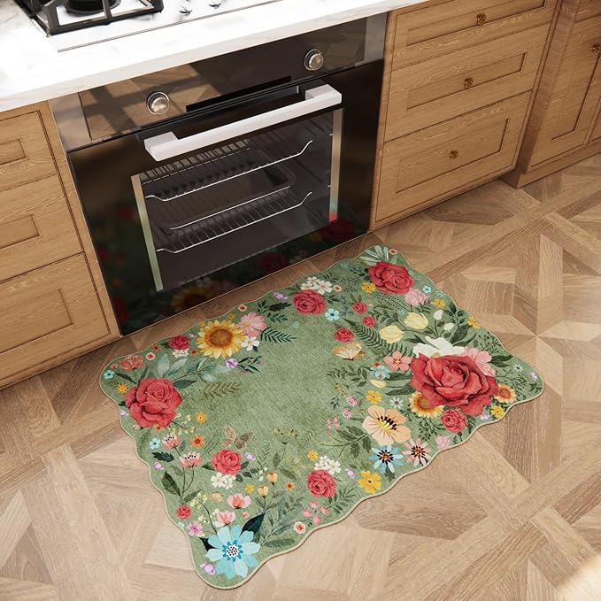 Floral Washable Entryway Rug 2'x3' Non Slip Boho Vintage Indoor Door Mat Low Pile Soft Carpet for Bathroom, Front Door, Kitchen, Laundry Small Spaces Decor (Green)