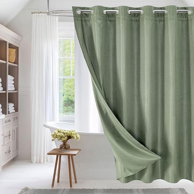 MitoVilla No Hooks Needed Extra Long Shower Curtain Set with Snap-in Liner, Sage Green 86 inch XL Waffle Fabric Shower Curtains for Luxury Hotel Grade & Spa-Like Bathroom Decor