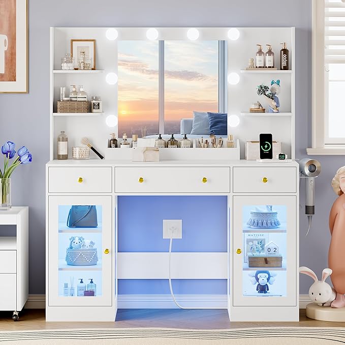 Vanity Desk with Mirror and Lights, Makeup Vanity Set with 3 Storage Drawers & Adjustable Shelves, Dressing Table with RGB Cabinets & Charging Station, 3 Lighting Modes for Women Kids Bedroom, White