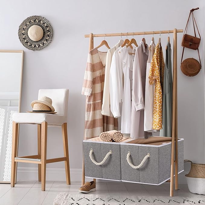 Yawinhe Collapsible Storage Bins 3-Pack, Large Fabric Baskets with Rope Handle, Organizers for Shelves, Closets, Clothes, 16.53''Lx11.81''Wx10.23''H, Grey