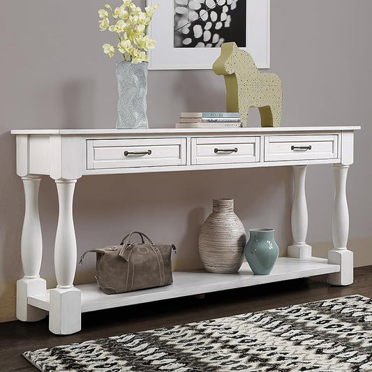 63inch Solid Wood Console Table with 3 Drawers and 1 Bottom Shelf Extra-Thick Sofa Table(Antique White)