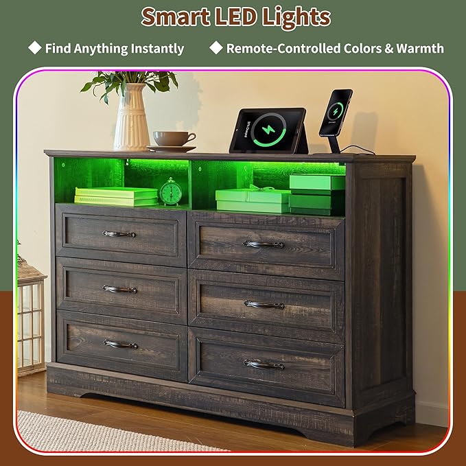Dressers for Bedroom,6 Drawers Dresser with LED Light,Power Outlets and Open Shelves,Chests of Drawers for 65 inch TV, for Hallway, Entryway, Dark Rustic Oak