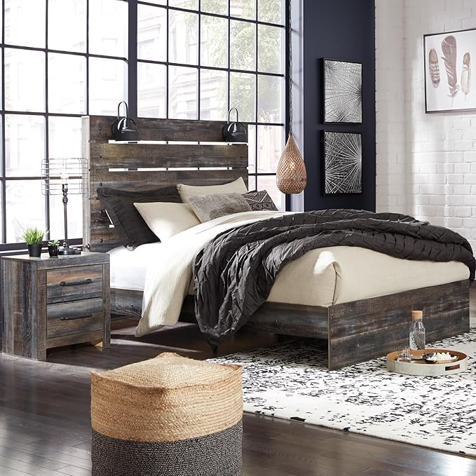 Signature Design by Ashley Drystan Rustic King Panel Bed with Sconce LED Lights, USB Ports and Nailheads, Foundation or Box Spring Needed, Dark Brown & Gray