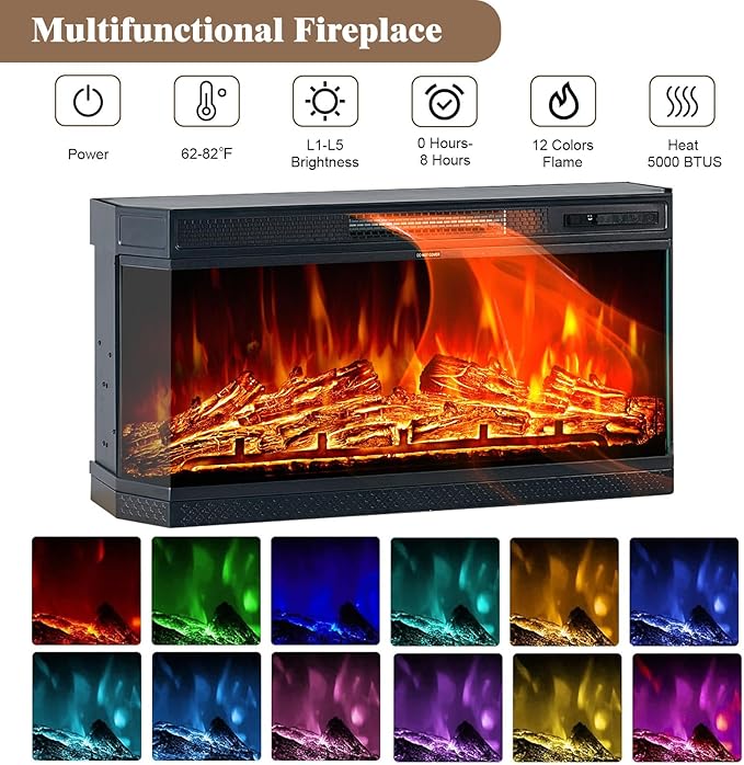 Farmhouse TV Stand with 3-Sided Glass Fireplace, 70" Entertainment Center for TVs up to 80", TV Stand with Glass Doors/Adjustable 12 Color Flame for Living Room, Distressed White