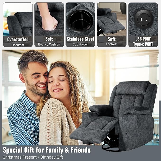 LEVELEVE Retro Rocking Recliner Chair, Massage Rocker Recliner Chair with Vibration Massage and Heat, USB and Type-C Ports,360° Swivel Chairs,Living Room, Bedroom, Nursery, RV, Dark Grey
