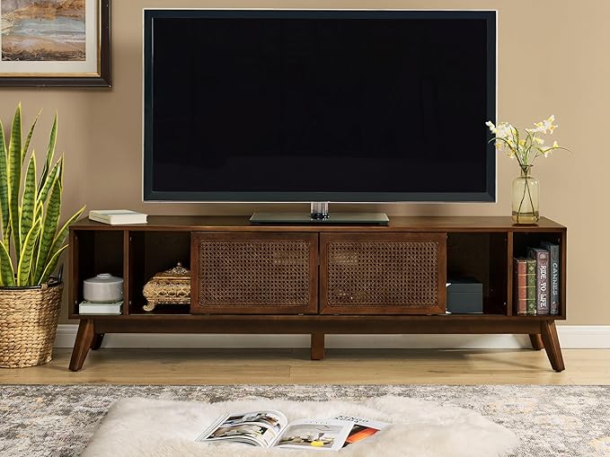 68 Inch Mid Century Modern TV Stands with Rattan Doors, MCM Entertainment Center Media Console for 60/65/70/75 inch TVS, Long Boho Television Stand for Living Room, Dark Walnut