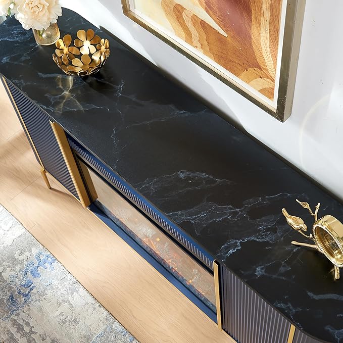 OKD Luxury 70" Fluted Fireplace TV Stand, Modern Chic Entertainment Center for TVs Up to 80 inches, TV Console with Faux Marble Top, Curved Profile Design, Media Console for Living Room, Navy Blue