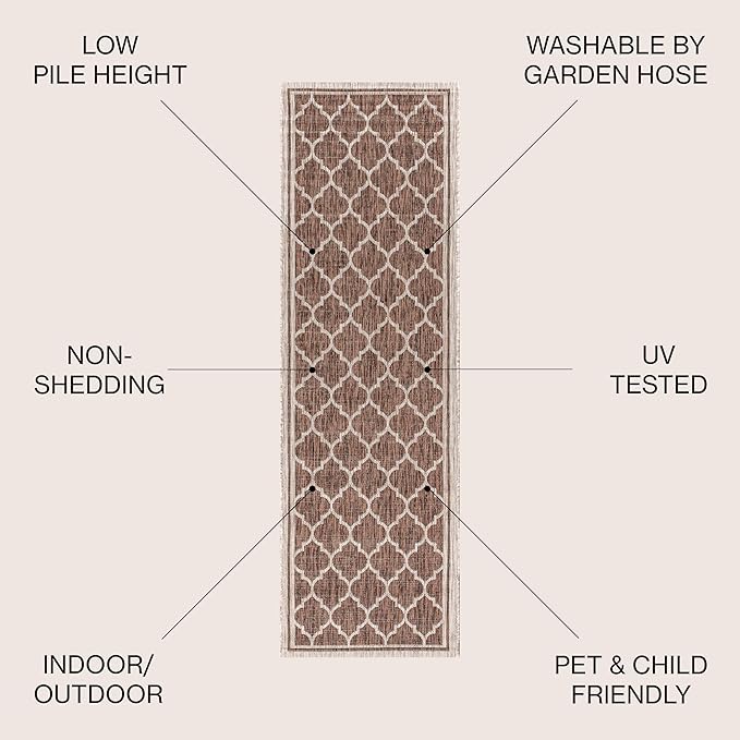 Eyely BMS109B-214 Santa Monica Trebol Moroccan Trellis Textured Weave, Pet Friendly, Non-Shedding, Stain Resistant, Easy-Cleaning, Espresso/Taupe, 2 ft. x 14 ft., Indoor/Outdoor, Runner Rug