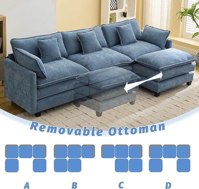 111'' Sectional Cloud Deep Seat Couch, Oversized Chenille U Shaped Sectional Sofa for Living Room Set, Comfy Upholstered Modular 5-Seats Sectional Sofa Couch with 2 Movable Ottoman,Blue