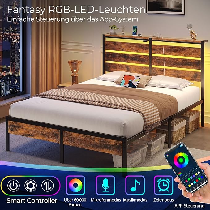 Rolanstar Bed Frame Queen Size with USB Charging Station, LED Bed Frame with Wood Storage Headboard, Rustic Brown Metal Platform Bed with Under Bed Storage, No Box Spring Needed, Noise Free