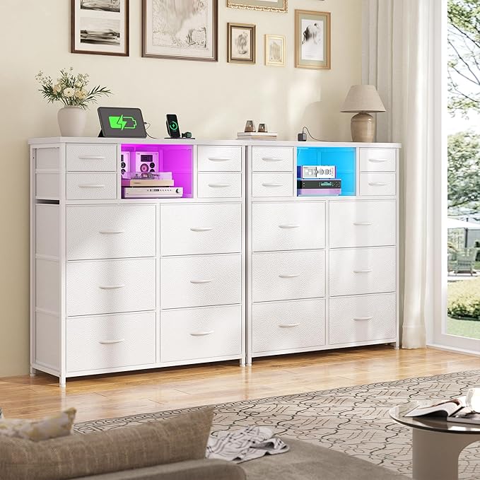 White Dresser for Bedroom with Charging Station and LED and 10 Fabric Drawers, Sturdy Tall Chest of Drawers with 2 Open Storage Shelves Storage Tower for Closet, Hallway