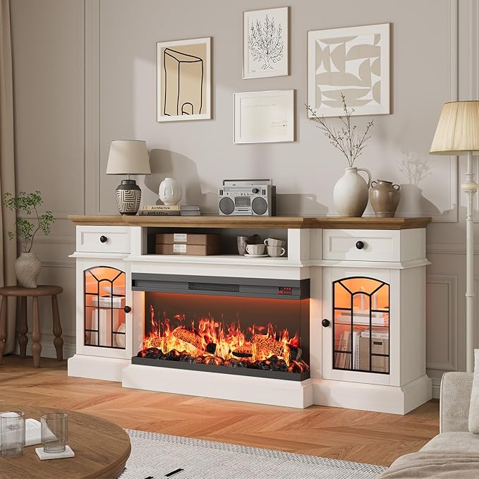 QUW 70" Farmhouse Fireplace TV Stand for TVs up to 80", Entertainment Center with 36" 3-Side Glass Electric Fireplace with Open Shelf and Cabinet, TV Console for Living Room, Antique White