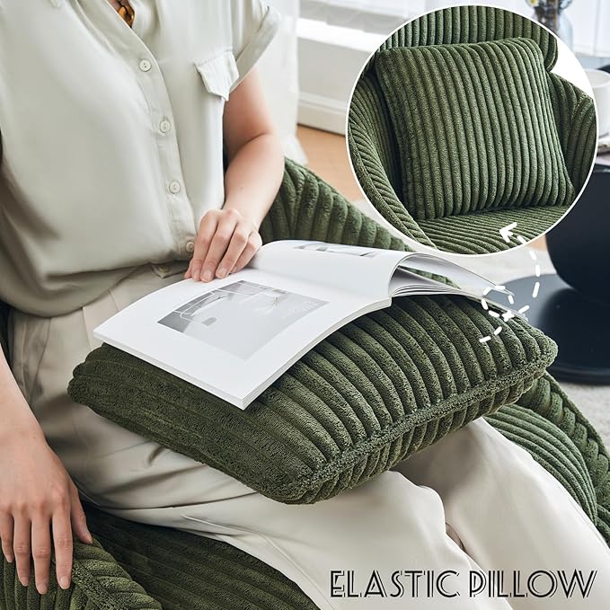 Furniliving Upholstered Swivel Accent Chair for Living Room, Modern Armchair Side Chair with Headrest Bedroom Chair with Metal Legs Comfy Sofa Chairs with Pillow, Large, Corduroy, Green