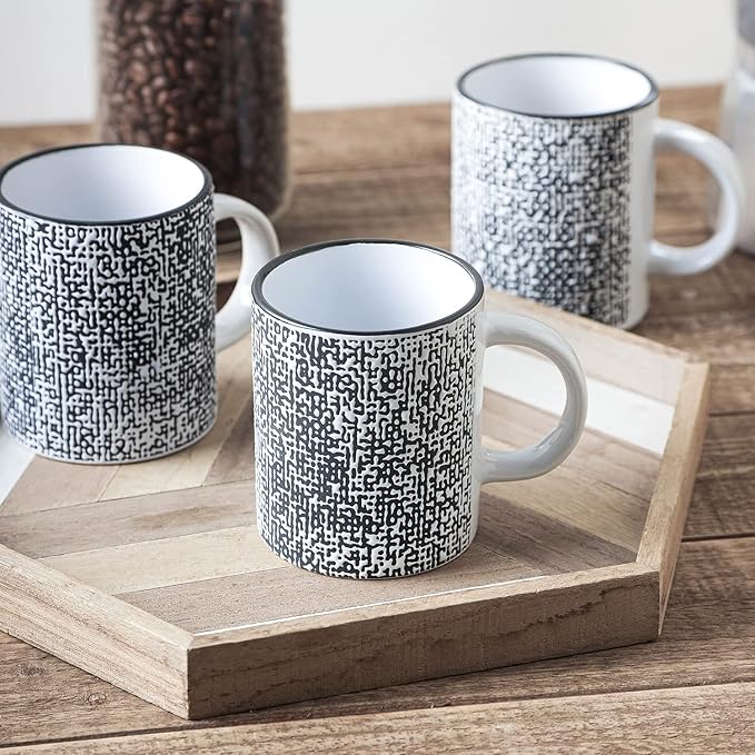 Stone Lain Stoneware Dish Set, 4 Mugs, Sophie - White and Black