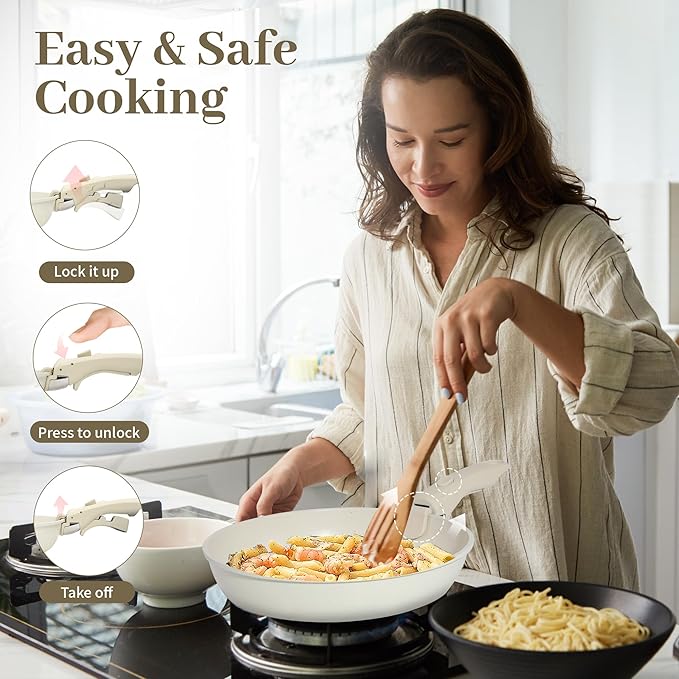 LABOR DAY SALE - Cuisinluv 15-Piece Ceramic Nonstick Pots and Pans Set – Kitchen Cookware with Detachable Handle, RV Camping Cookware Set – Oven & Dishwasher Safe, PFOA-Free – Cream White