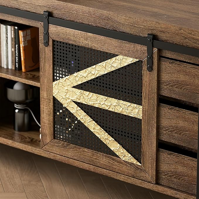 VFK 70 Inch TV Stand for TVs up to 70", Rustic Farmhouse Media Console with Sliding Barn Doors, 6 Drawers, Entertainment Center for Living Room