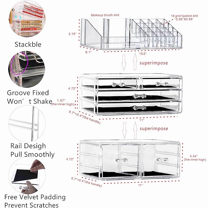 Cq acrylic 3 Pack Clear Makeup Storage Organizer,Stackable 6 Drawers Make Up Organizers,Cute Desk Organizer for Vanity Jewelry,Hair Clip,Beauty,Skincare Product Bathroom Counter Organizers and Storage