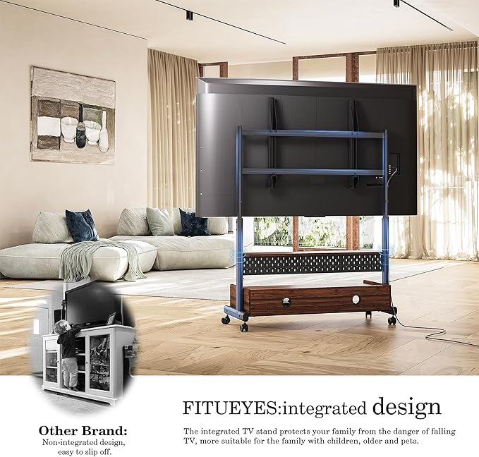 FITUEYES Rolling TV Stand Mount for 70 to 100 Large TV Screens，Mobile TV Floor Stand on Wheels with Ample Storage Pegboard & Wooden Shelf, Rolling TV Cart Hold up to 176 lbs, Max VESA 850 x 600