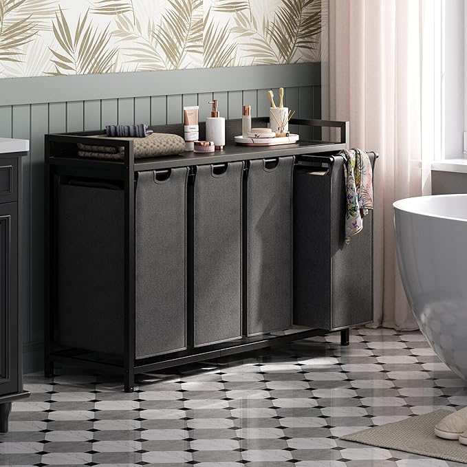 Laundry Hamper with Shelf, Laundry Basket 4 Section, Laundry Sorter with Pull-Out Removable Large Bags and Movable Wheels, Metal Frame, 4 x 15.87 Gallons (60L), Black and Gray PF07XLB