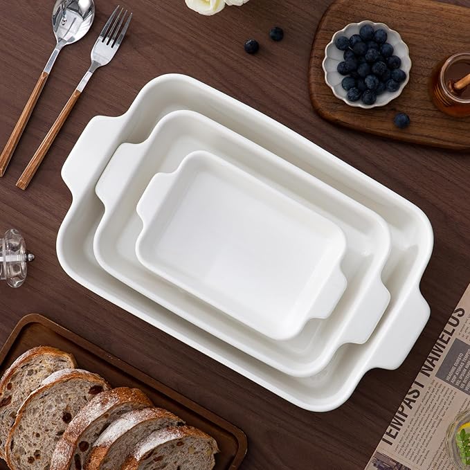 YUN TAO Casserole Dishes for Oven, Porcelain Baking Dishes, Ceramic Bakeware, Rectangular Lasagna Pans Deep with Handles for Baking Cake Kitchen,Cake Dinner,3-Piece (Set of 3, White) (White, 15.1 Inch)