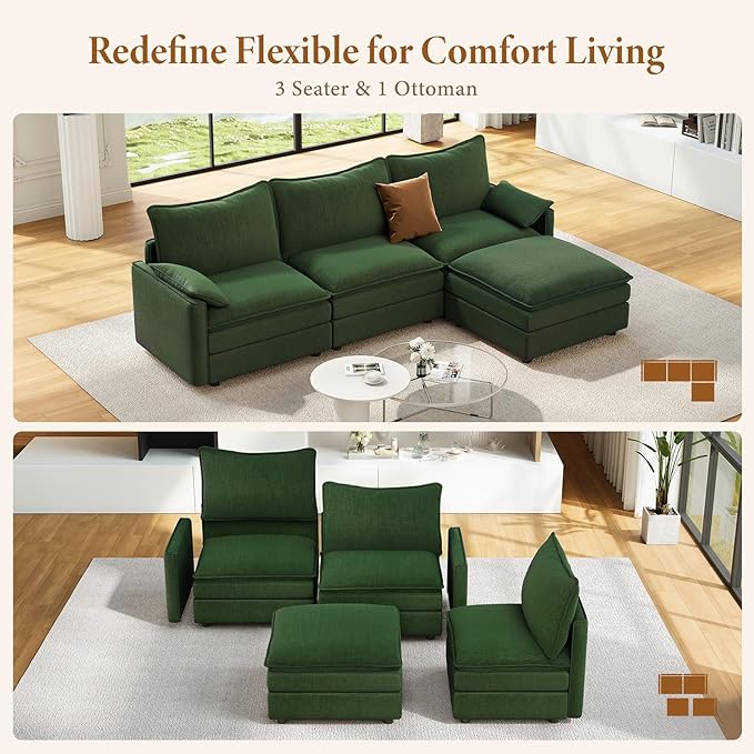 Vesgantti 108" Modular Sectional Sofa, Comfy Cloud Couch with Movable Ottoman Deep Seat Chenille L Shaped Modular Sofa, Sectional Couches for Living Room, Bedroom and Apartment, Green