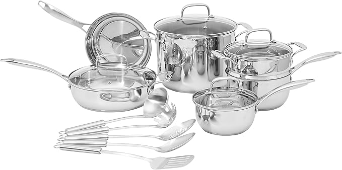 Amazon Basics Stainless Steel Cookware 15-Piece Set, Oven Safe, Pots and Pans, Induction-Ready, Even Heating, Easy to Clean, Heavy Duty, Silver