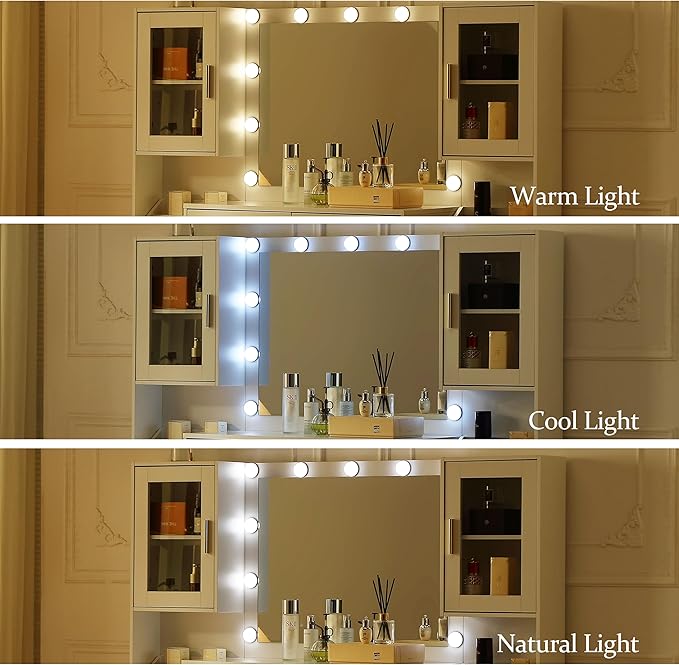 Extra Large Vanity with Folding Up Mirror and Lights,58.3'' Makeup Vanity Desk with Mirror and Lights,Outlet, Chair and Two Makeup Organizers,Dressing Table for Bedroom,White