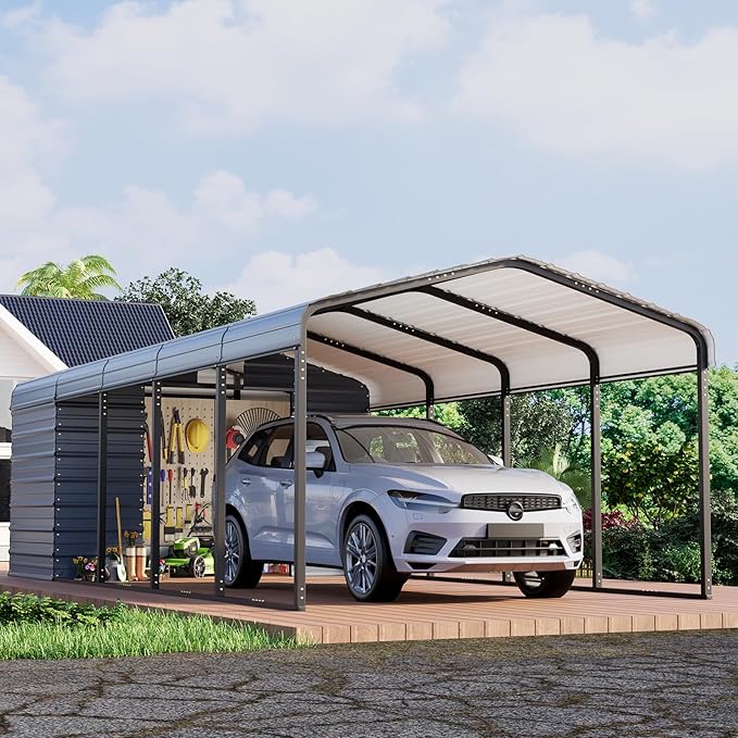 EROMMY 12x25 FT Carport Storage Shed 2-in-1, Heavy Duty Car Port with Galvanized Metal Frame, Base-Reinforced Enclosed Storage Shelter, Extended Coverage for Trucks, Cars & All Vehicles, Gray
