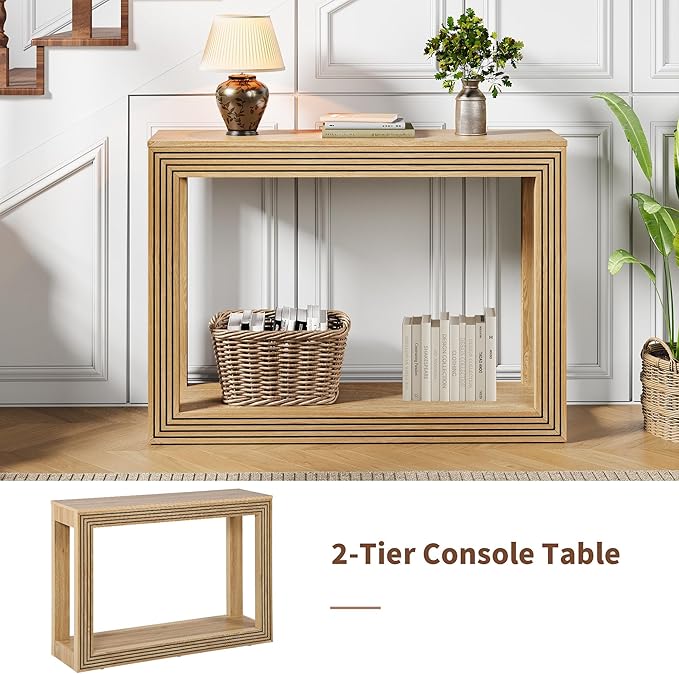 Mid-Century Fluted Console Table with Storage, Narrow Wooden Entryway Sofa Table Behind The Couch Small Entry Table for Entryway, Front Hall, Hallway Living Room, Natural