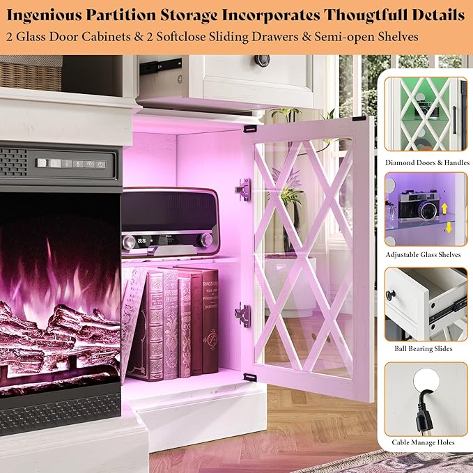 AMERLIFE 70" Bevel Farmhouse Fireplace TV Stand with 36" 3-Sided Glass Fireplace, LED Lights Entertainment Center Glass Doors & Drawers, Media Console Table Cabinet for Max 80" TV, Living Room, White