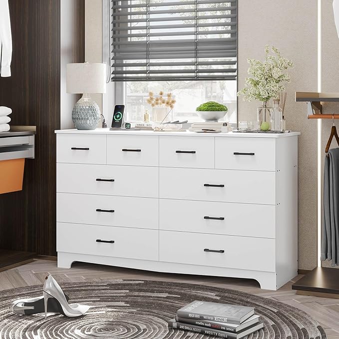 Hasuit 10 Drawer Dresser for Bedroom, Large Chest of Drawers with Charging Station, 55.1'' Wide Storage Clothes Closet Organizer, Long Dresser TV Stand for Living Room, White