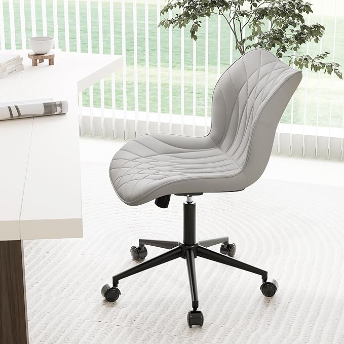 YOUNUOKE Armless Desk Chair Comfy Office Chair with Wheels Home Ergonomic Task Chair Adjustable Computer Chairs Modern Faux Leather Swivel Chair Upholstered Makeup Vanity Chair with Back(Gray)